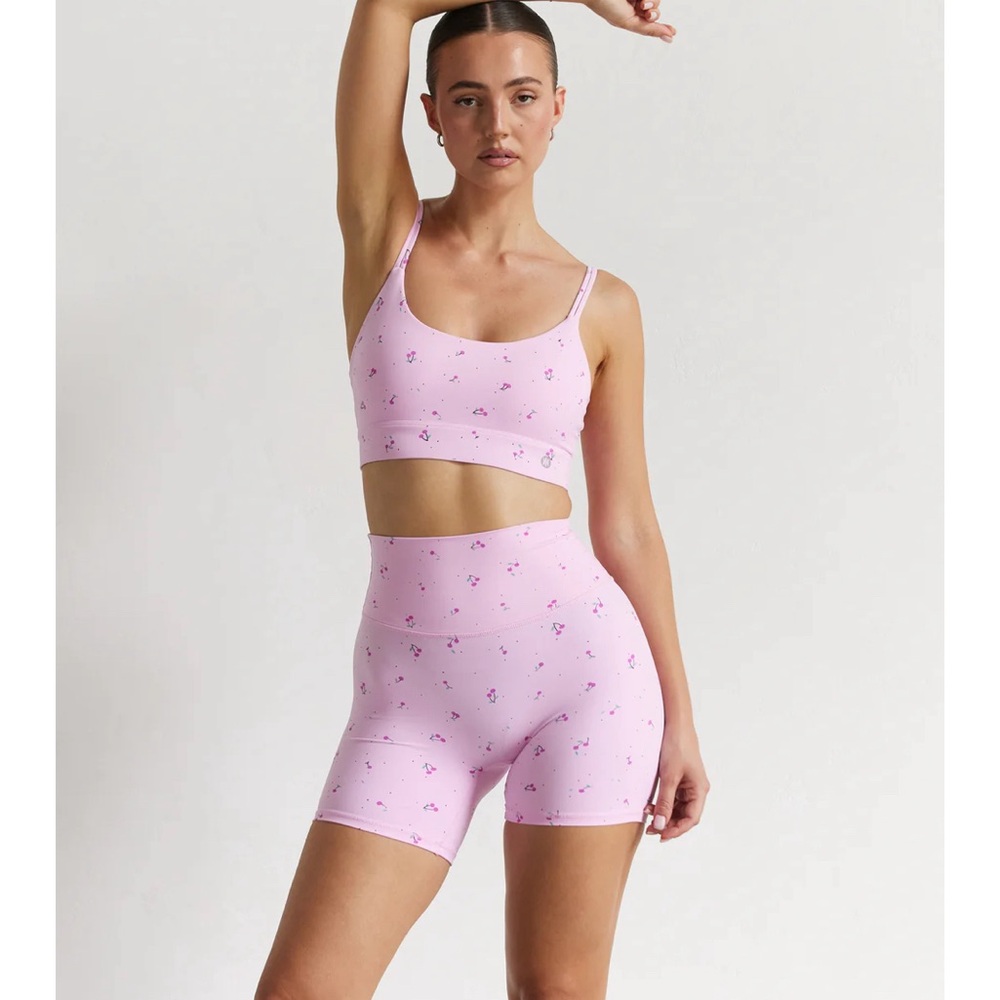 Women’s Pink Floral Sports Bra and High-Waist Bike Shorts Set